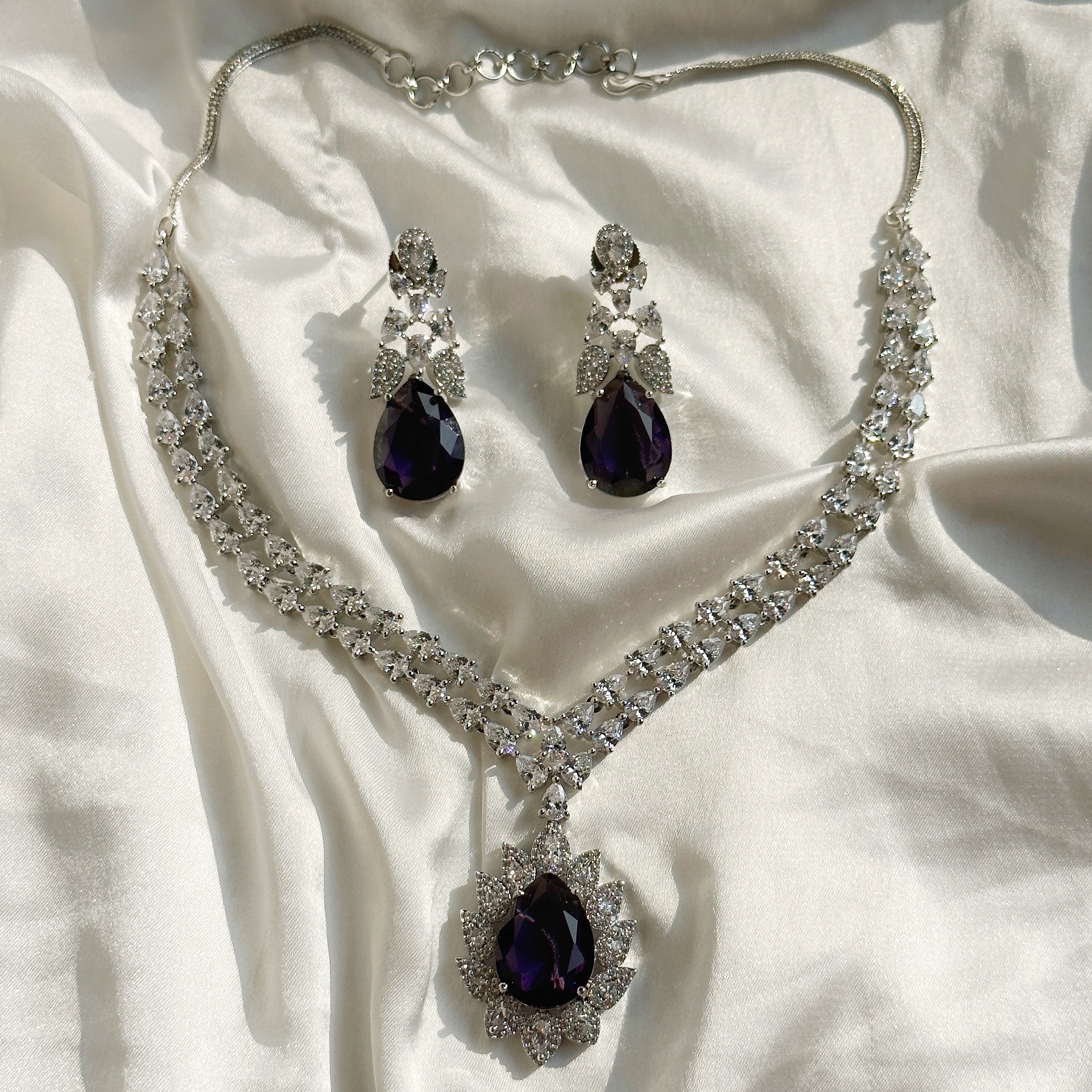 Arha Collection Deep Purple Amethyst Cubic Zircon American Diamond Silver Plated Necklace Set