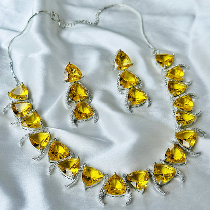 Ariva Collection Yellow Topaz Cubic Zircon Stone American Diamond Silver Plated Necklace Set