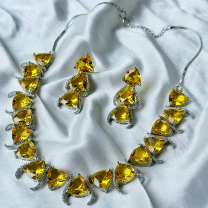 Ariva Collection Yellow Topaz Cubic Zircon Stone American Diamond Silver Plated Necklace Set