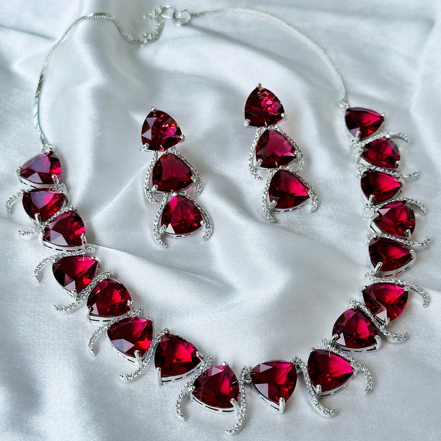 Ariva Collection Red Ruby Cubic Zircon Stone American Diamond Silver Plated Necklace Set