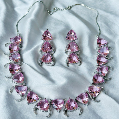 Ariva Collection Pink Topaz Cubic Zircon Stone American Diamond Silver Plated Necklace Set