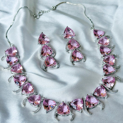 Ariva Collection Pink Topaz Cubic Zircon Stone American Diamond Silver Plated Necklace Set