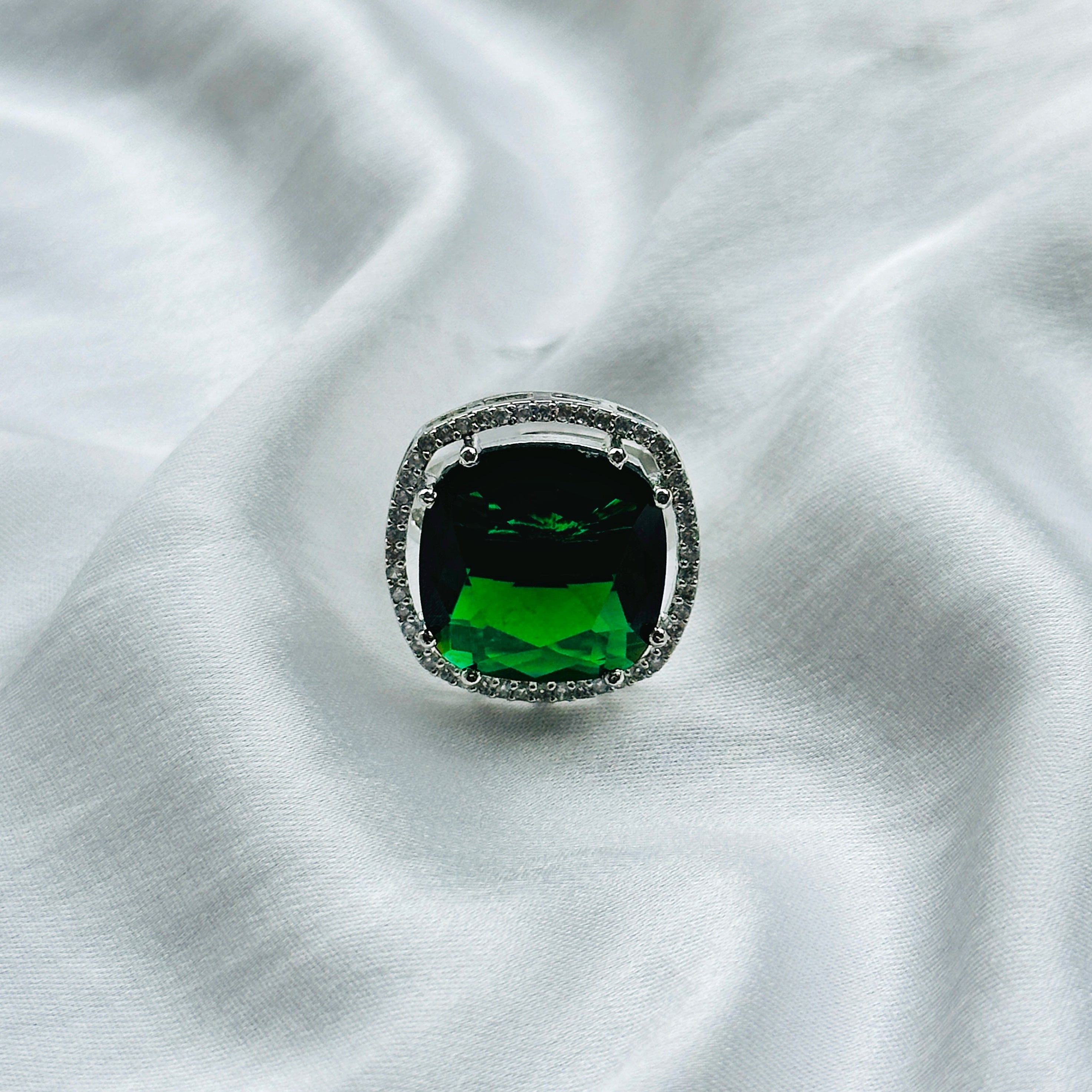 Ariva Collection Emerald Cubic Zircon American Diamond Silver Plated Adjustable Ring