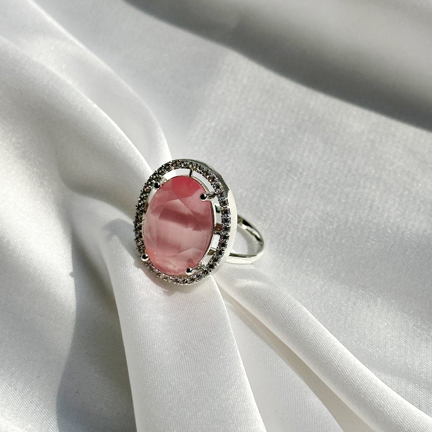 Ariva Collection Pink Opal Cubic Zircon Stone American Diamond Silver Plated Adjustable Ring