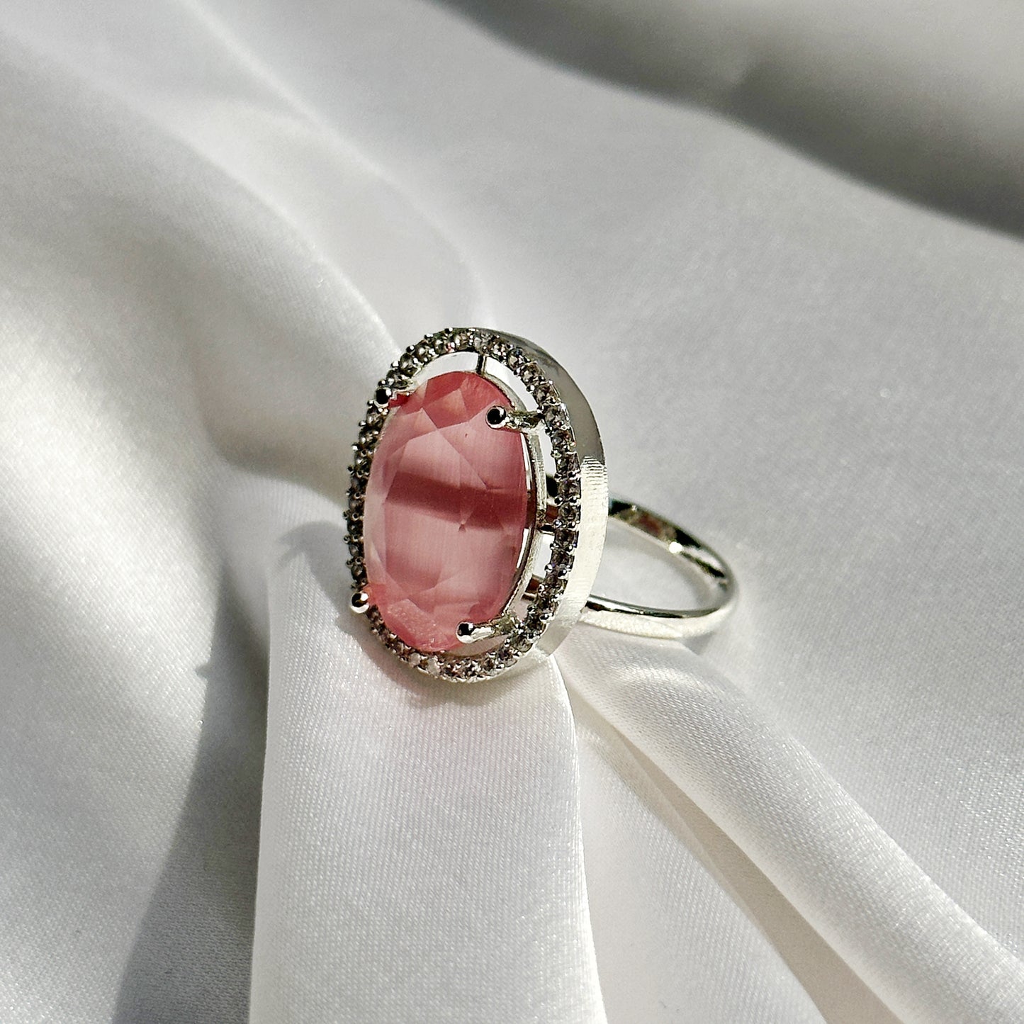 Ariva Collection Pink Opal Cubic Zircon Stone American Diamond Silver Plated Adjustable Ring