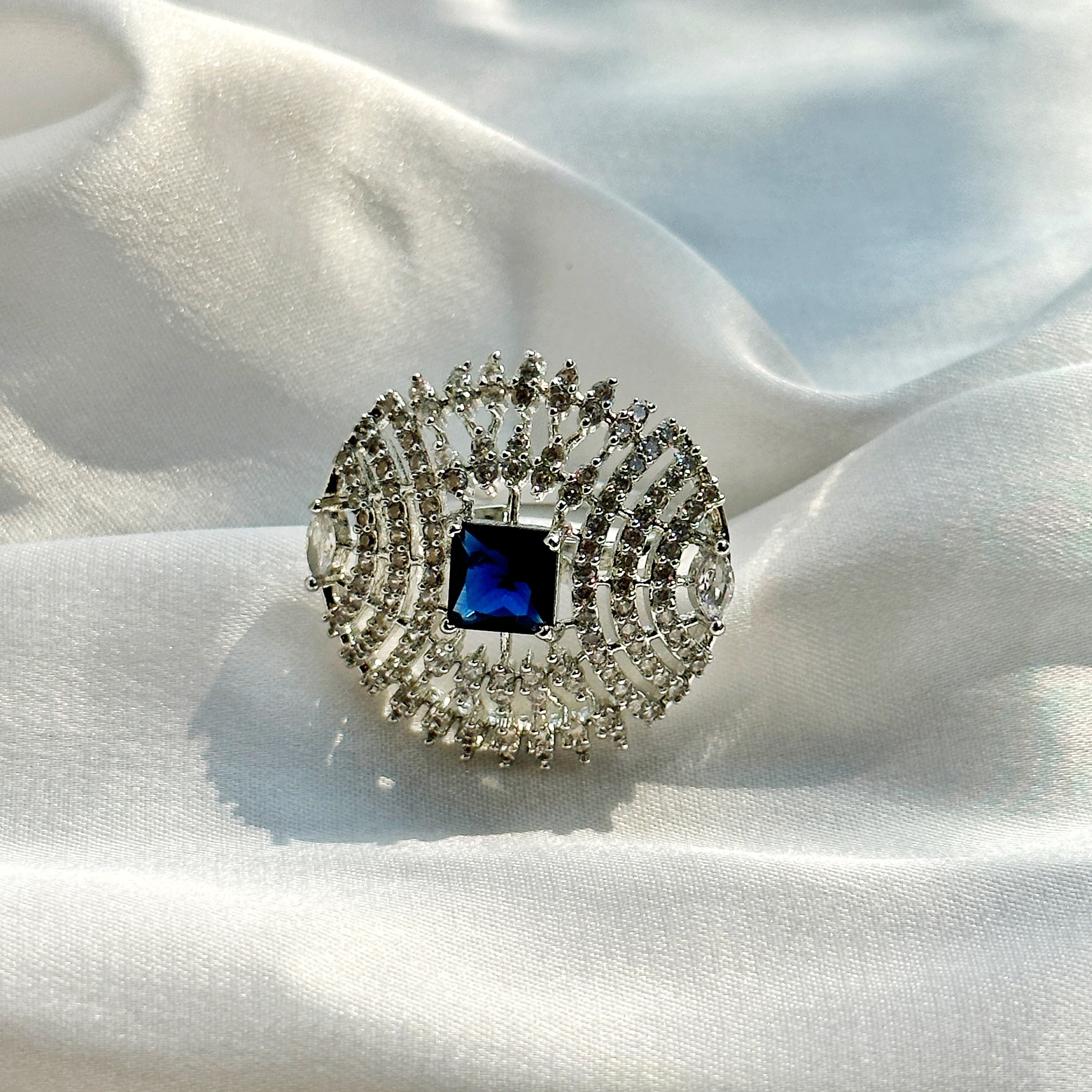 Ariva Collection Blue Sapphire Cubic Zircon Stone American Diamond Silver Plated Adjustable Ring