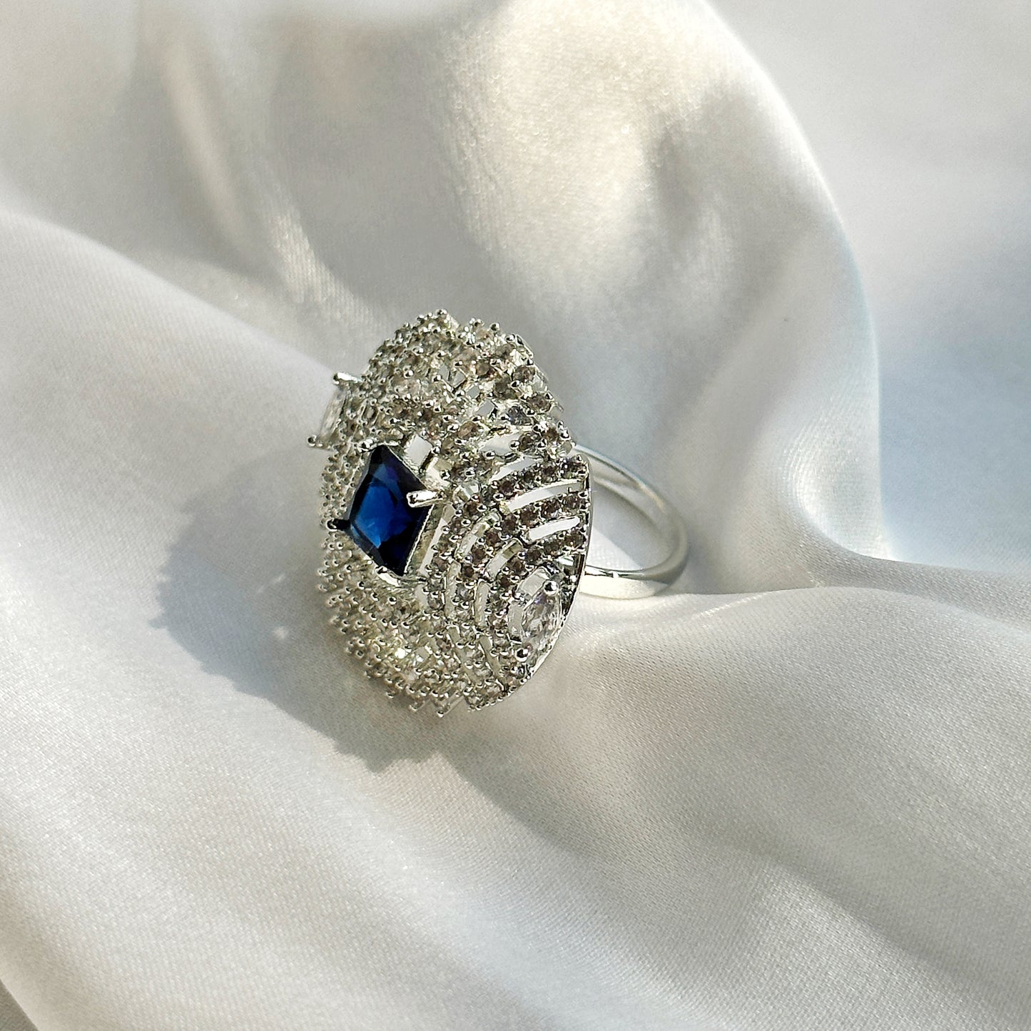 Ariva Collection Blue Sapphire Cubic Zircon Stone American Diamond Silver Plated Adjustable Ring