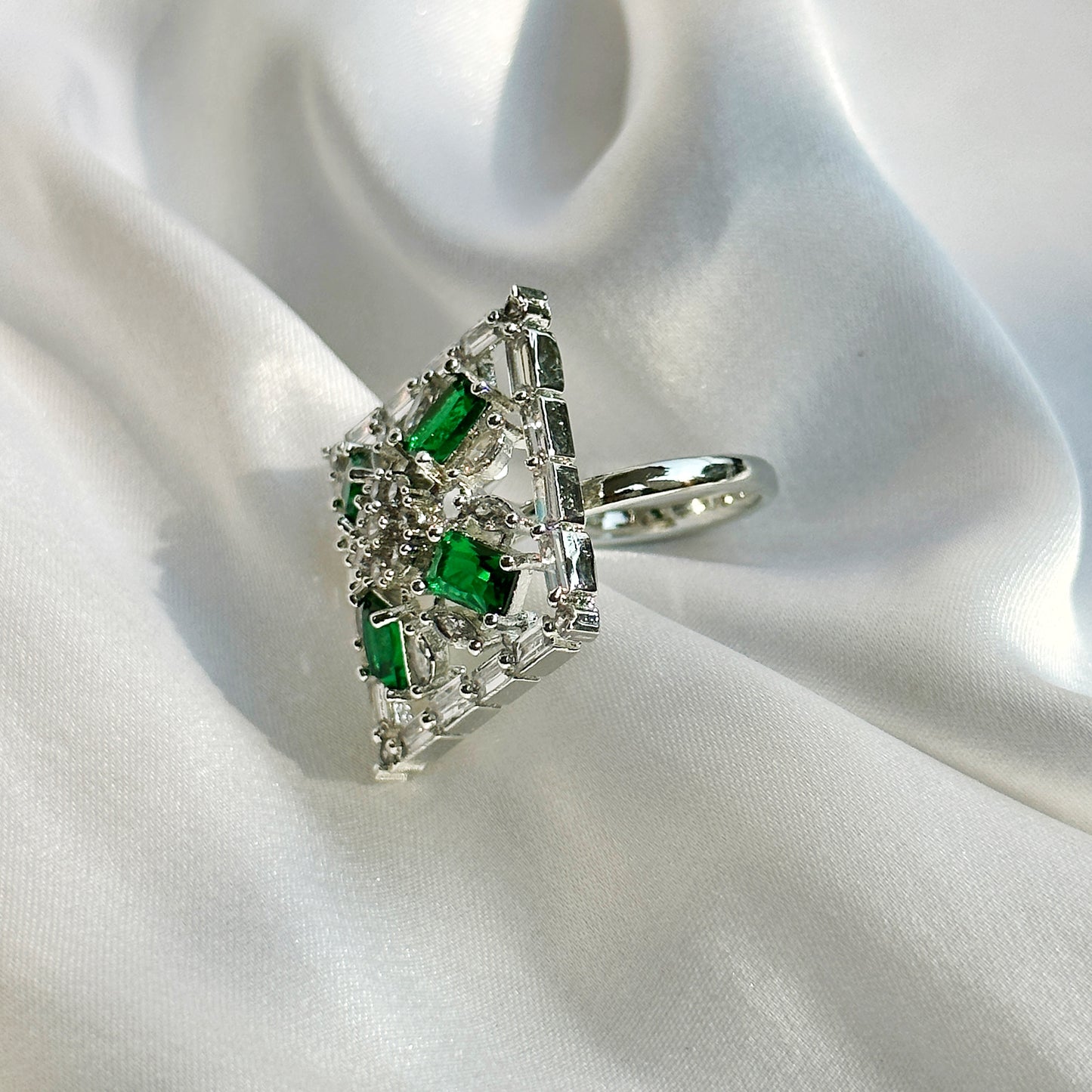 Ariva Collection Emerald Cubic Zircon Stone American Diamond Silver Plated Adjustable Ring