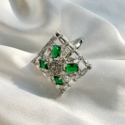 Ariva Collection Emerald Cubic Zircon Stone American Diamond Silver Plated Adjustable Ring