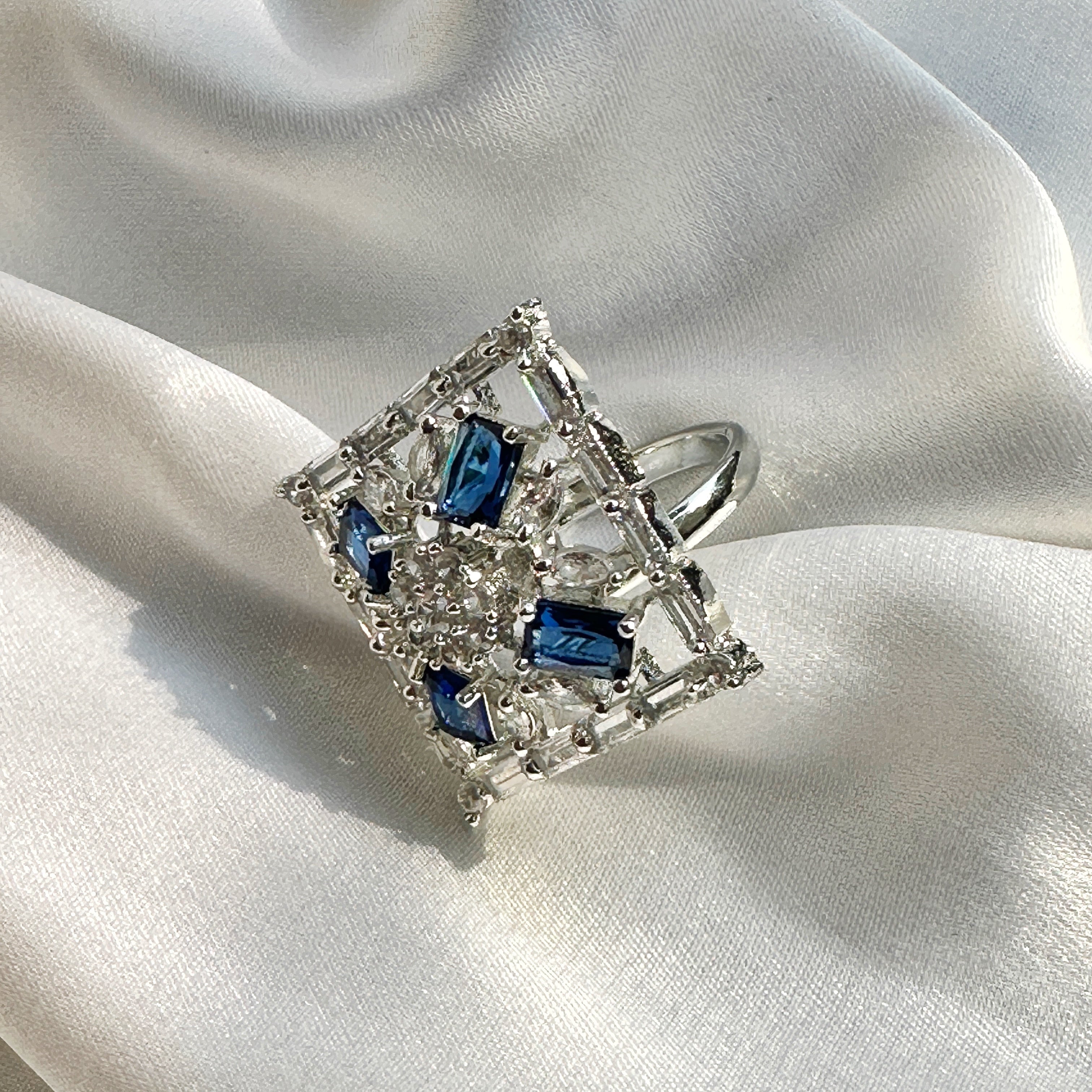 Ariva Collection Blue Sapphire Cubic Zircon Stone American Diamond Silver Plated Adjustable Ring