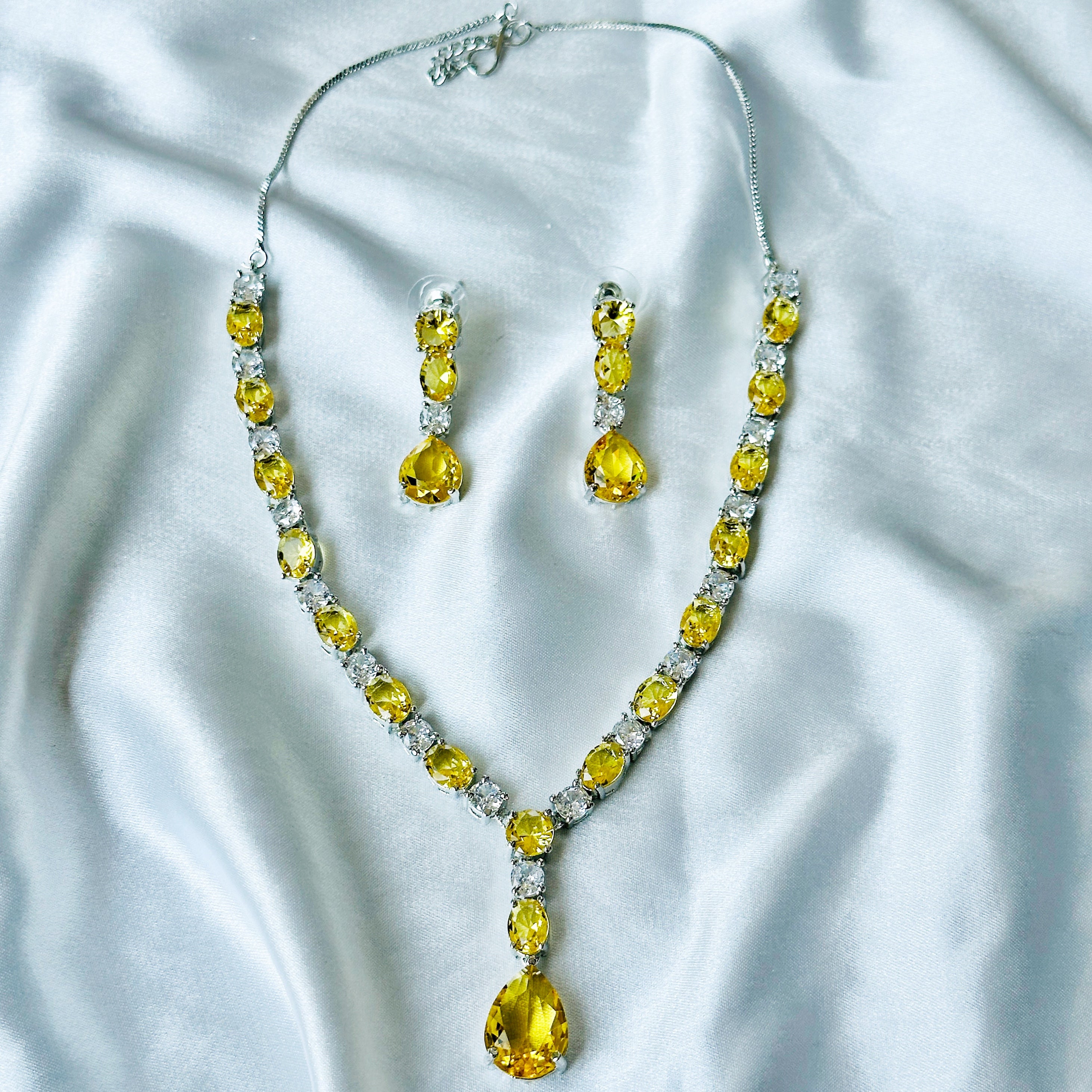 Ariva Collection Yellow Topaz Cubic Zircon Stones American Diamond Silver Plated Necklace Set