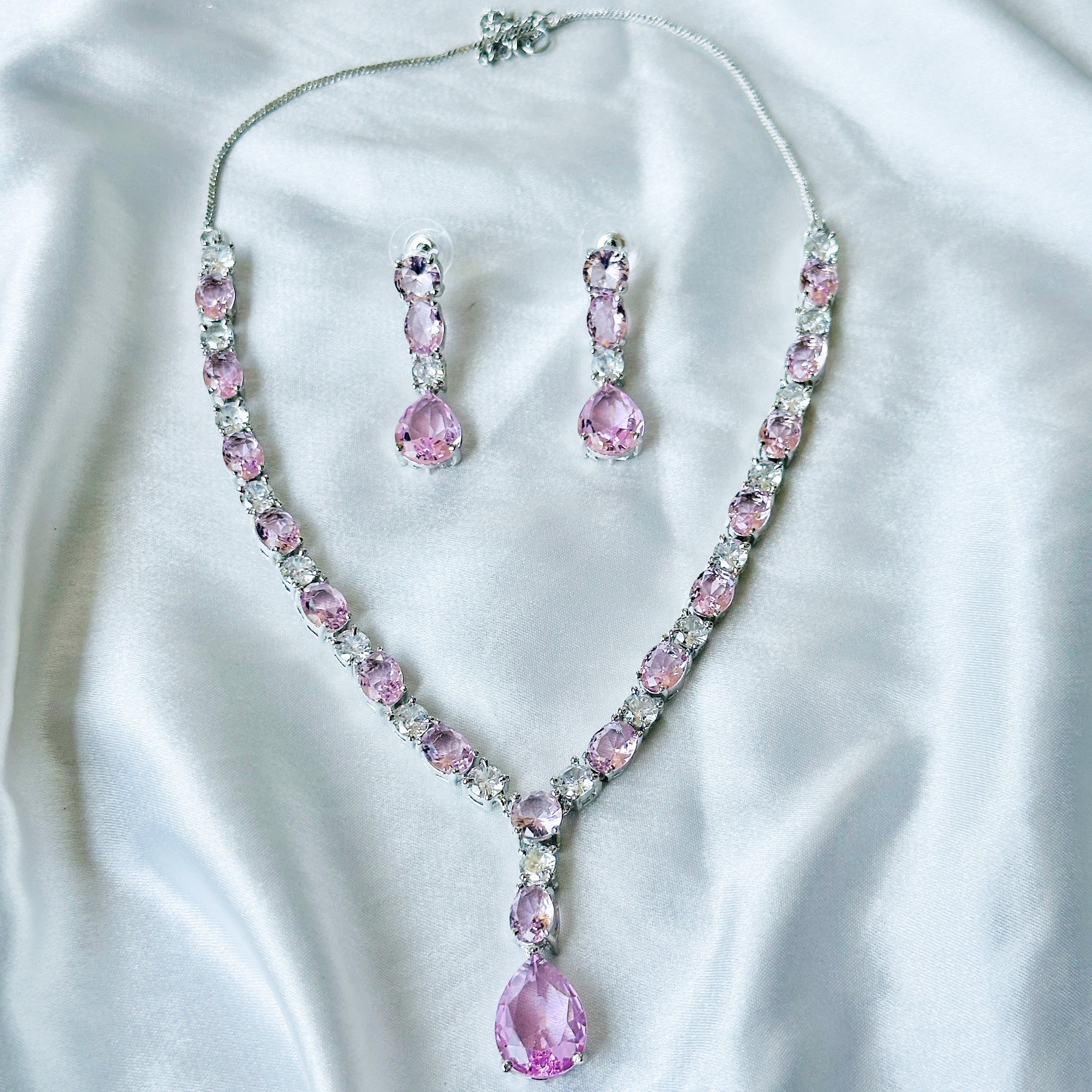 Ariva Collection Pink Topaz Cubic Zircon Stones American Diamond Silver Plated Necklace Set