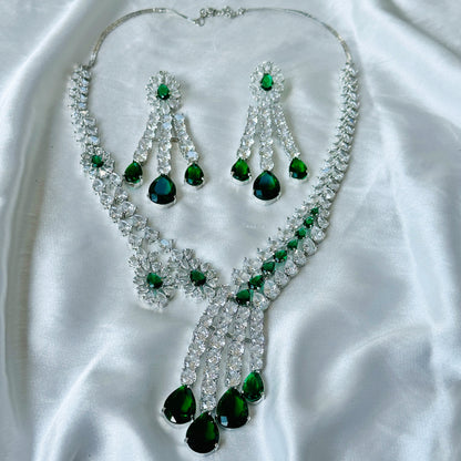 Ariva Collection Green Emerald Cubic Zircon American Diamond Silver Plated Necklace Set