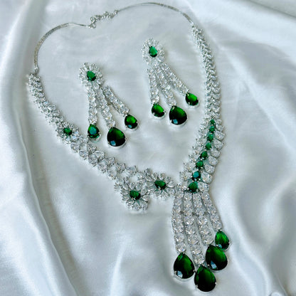 Ariva Collection Green Emerald Cubic Zircon American Diamond Silver Plated Necklace Set