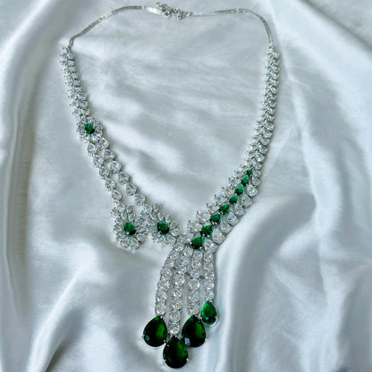 Ariva Collection Green Emerald Cubic Zircon American Diamond Silver Plated Necklace Set