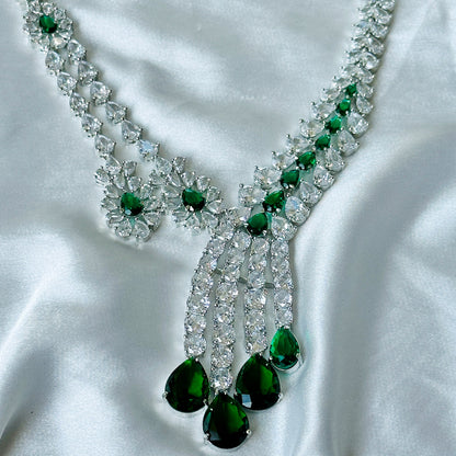 Ariva Collection Green Emerald Cubic Zircon American Diamond Silver Plated Necklace Set