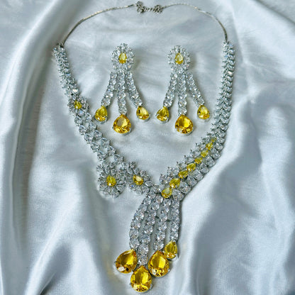 Ariva Collection Yellow Topaz Cubic Zircon American Diamond Silver Plated Necklace Set