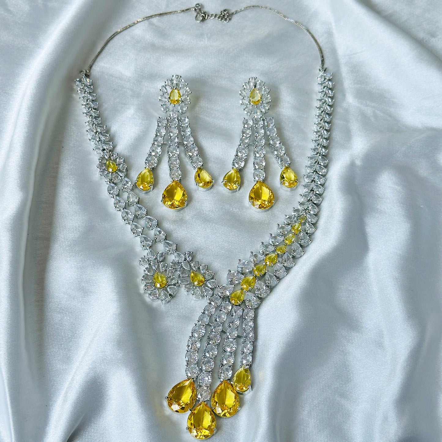 Ariva Collection Yellow Topaz Cubic Zircon American Diamond Silver Plated Necklace Set