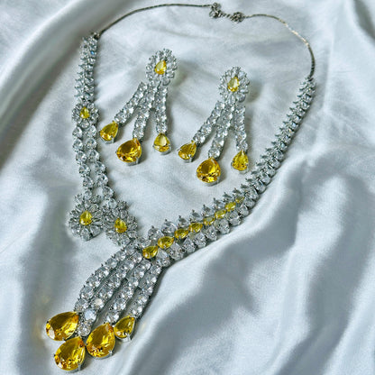 Ariva Collection Yellow Topaz Cubic Zircon American Diamond Silver Plated Necklace Set