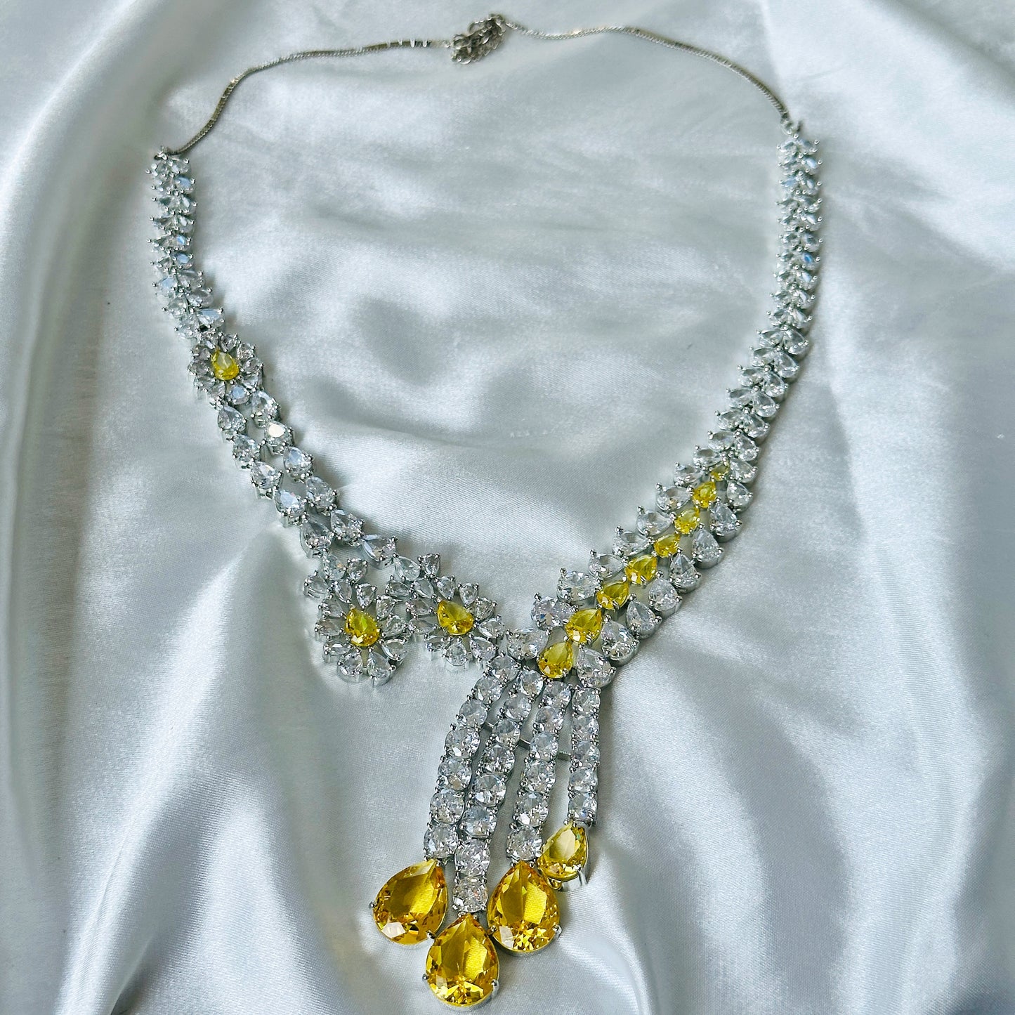 Ariva Collection Yellow Topaz Cubic Zircon American Diamond Silver Plated Necklace Set