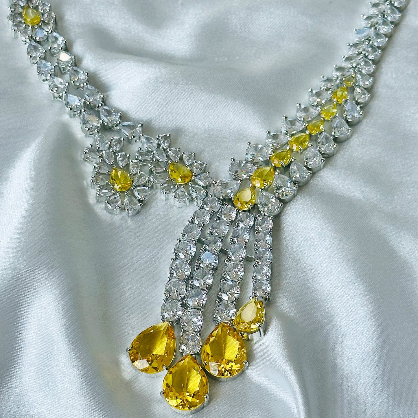 Ariva Collection Yellow Topaz Cubic Zircon American Diamond Silver Plated Necklace Set