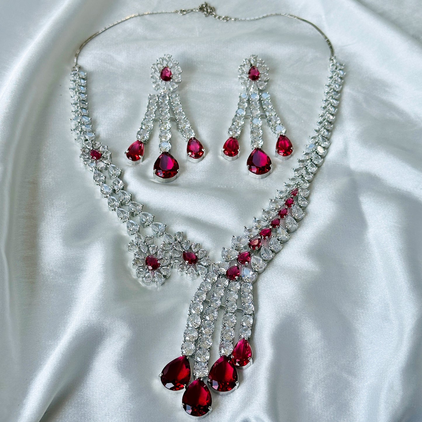 Ariva Collection Red Ruby Cubic Zircon American Diamond Silver Plated Necklace Set