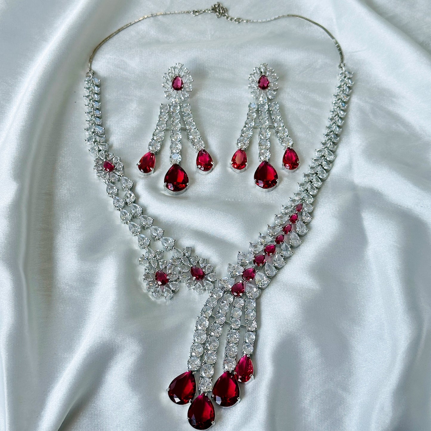 Ariva Collection Red Ruby Cubic Zircon American Diamond Silver Plated Necklace Set