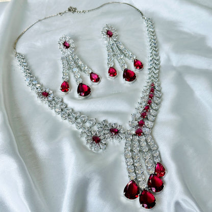 Ariva Collection Red Ruby Cubic Zircon American Diamond Silver Plated Necklace Set