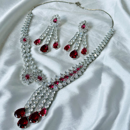 Ariva Collection Red Ruby Cubic Zircon American Diamond Silver Plated Necklace Set