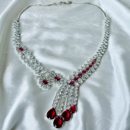 Ariva Collection Red Ruby Cubic Zircon American Diamond Silver Plated Necklace Set