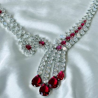 Ariva Collection Red Ruby Cubic Zircon American Diamond Silver Plated Necklace Set