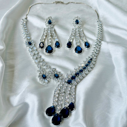 Ariva Collection Blue Sapphire Cubic Zircon American Diamond Silver Plated Necklace Set