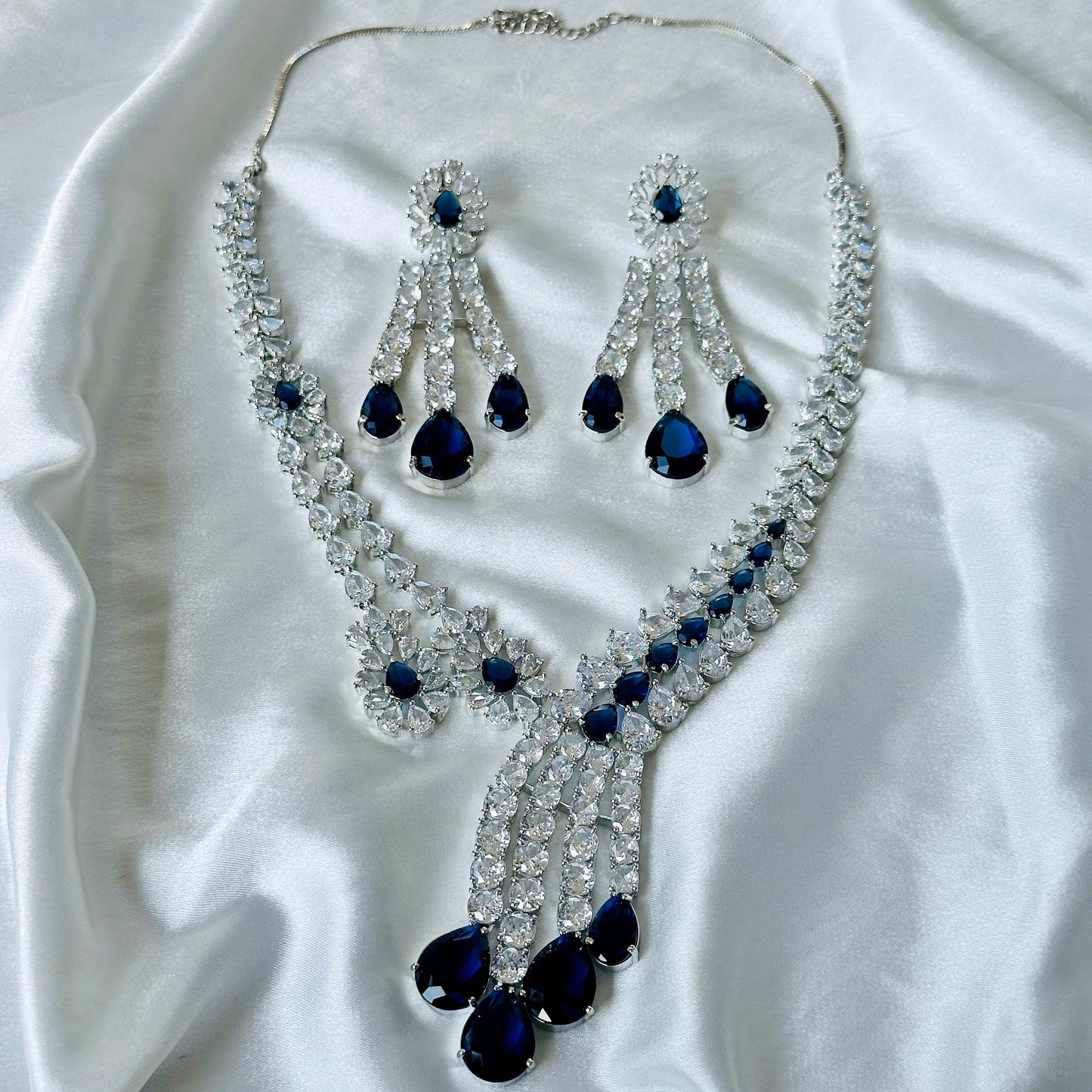 Ariva Collection Blue Sapphire Cubic Zircon American Diamond Silver Plated Necklace Set