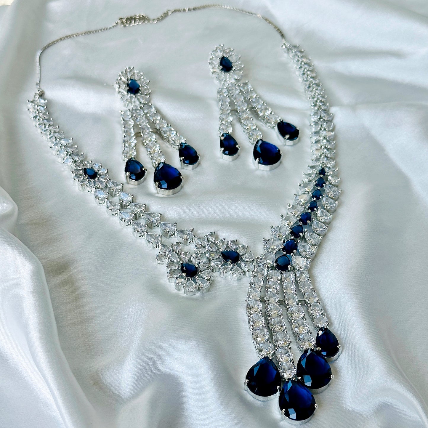 Ariva Collection Blue Sapphire Cubic Zircon American Diamond Silver Plated Necklace Set