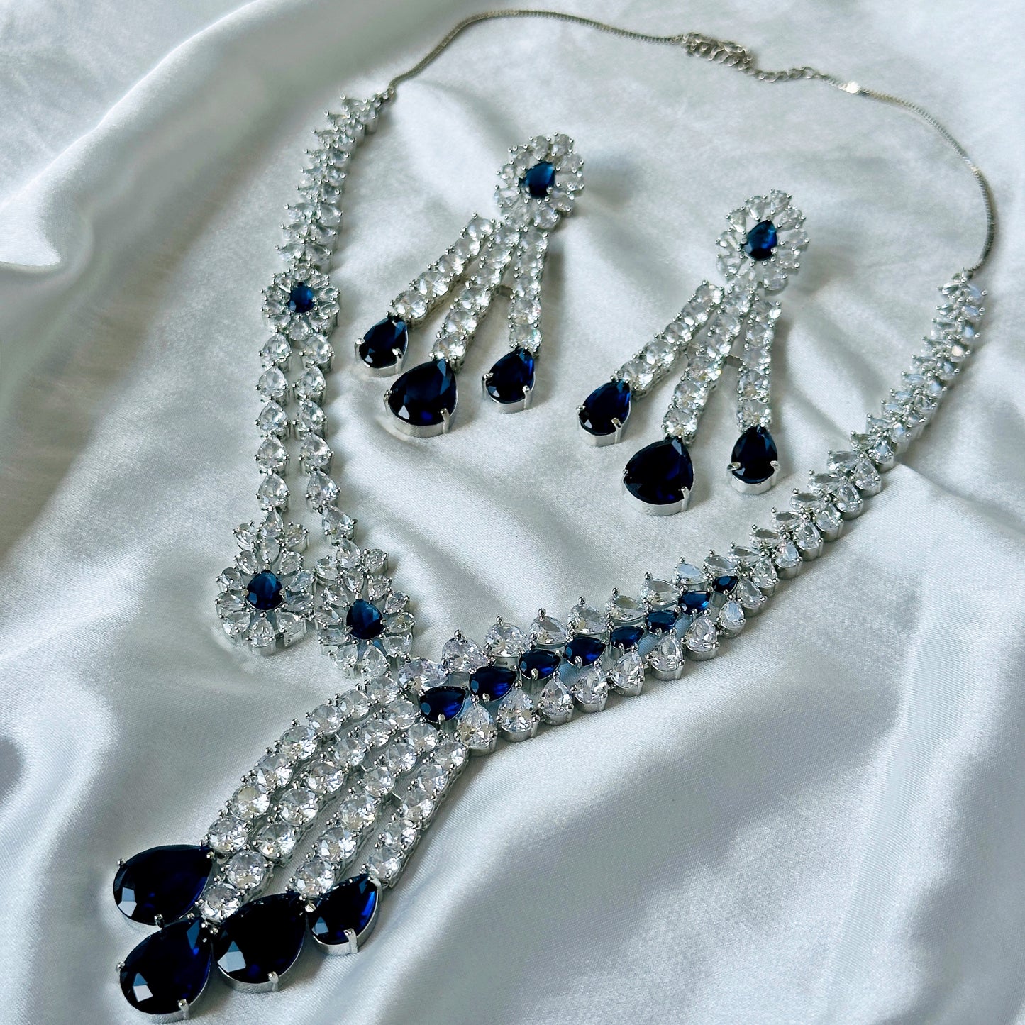 Ariva Collection Blue Sapphire Cubic Zircon American Diamond Silver Plated Necklace Set