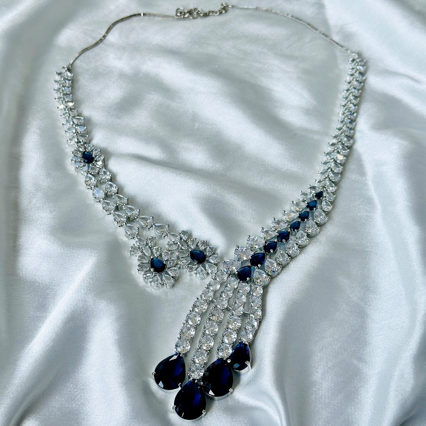 Ariva Collection Blue Sapphire Cubic Zircon American Diamond Silver Plated Necklace Set