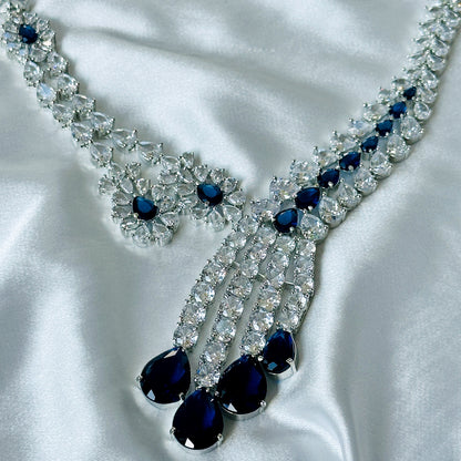 Ariva Collection Blue Sapphire Cubic Zircon American Diamond Silver Plated Necklace Set