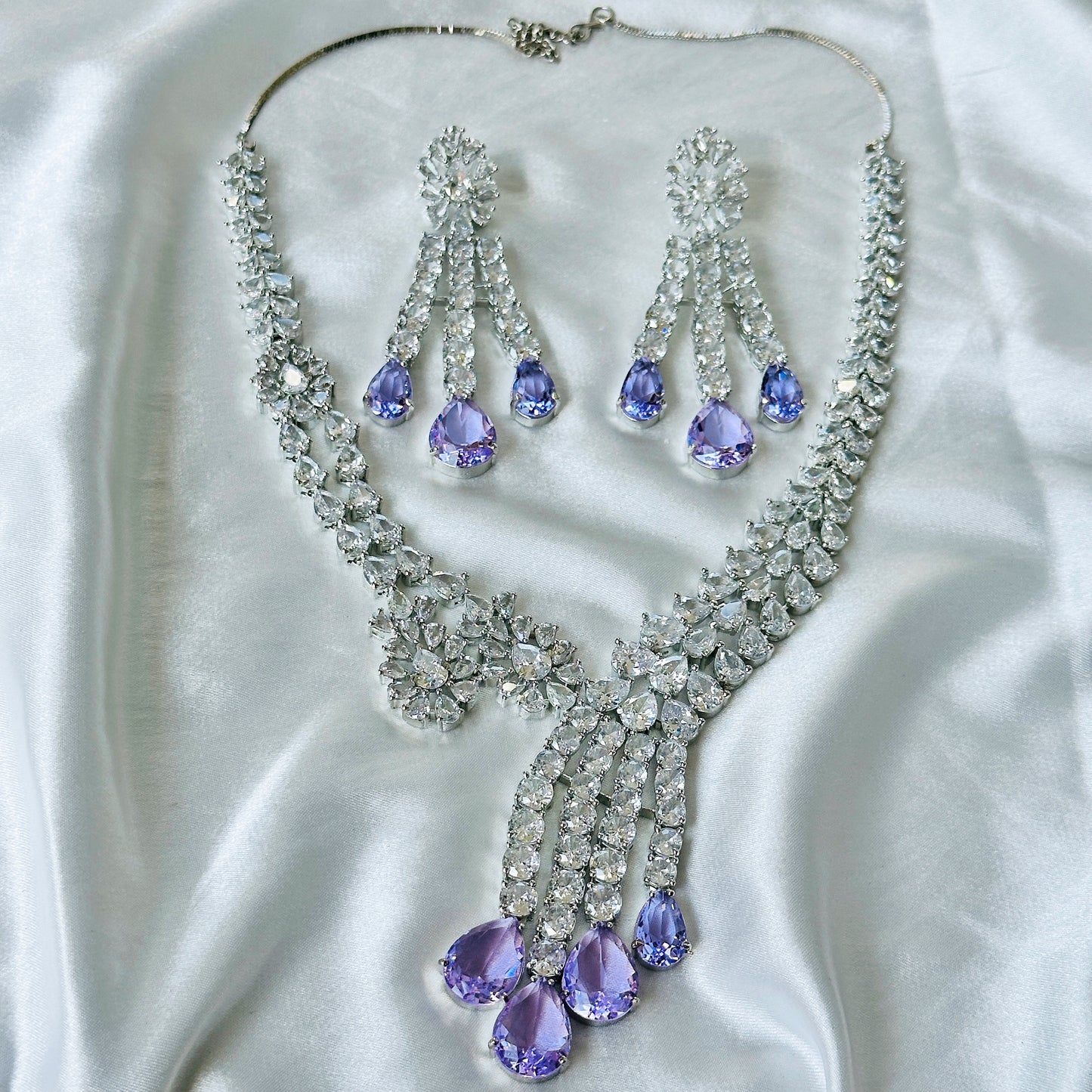 Ariva Collection Lt Amethyst/Lilac Cubic Zircon American Diamond Silver Plated Necklace Set