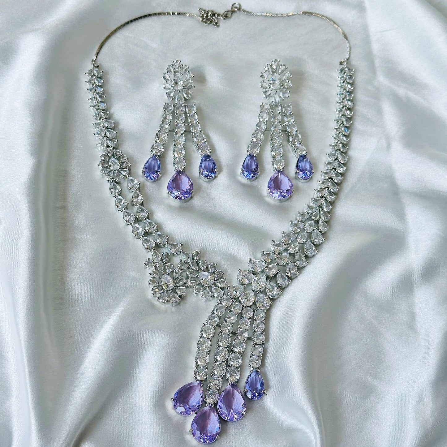 Ariva Collection Lt Amethyst/Lilac Cubic Zircon American Diamond Silver Plated Necklace Set