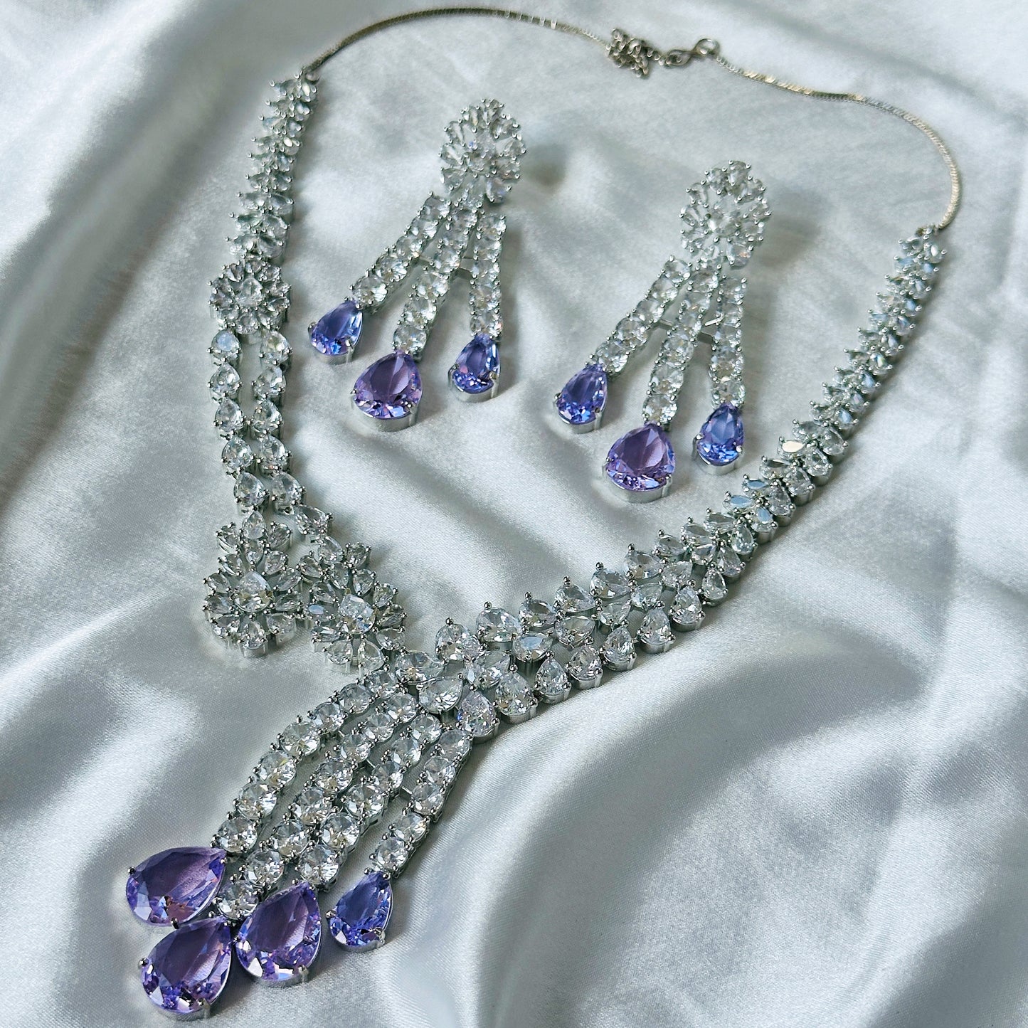 Ariva Collection Lt Amethyst/Lilac Cubic Zircon American Diamond Silver Plated Necklace Set