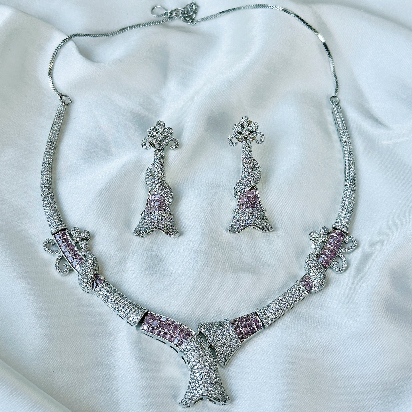 Ariva Collection Pink Topaz Cubic Zircon American Diamond Silver Plated Necklace Set