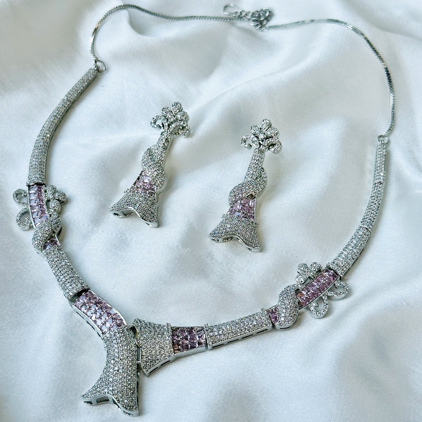 Ariva Collection Pink Topaz Cubic Zircon American Diamond Silver Plated Necklace Set