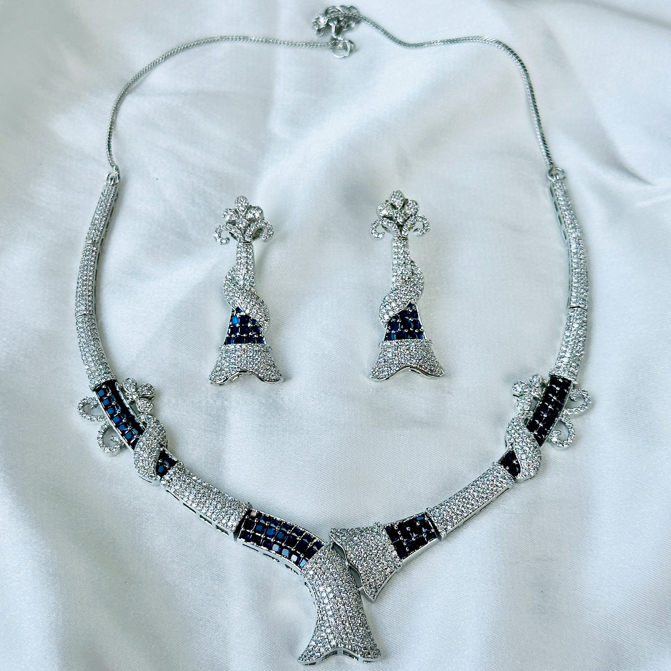 Ariva Collection Blue Sapphire Cubic Zircon American Diamond Silver Plated Necklace Set