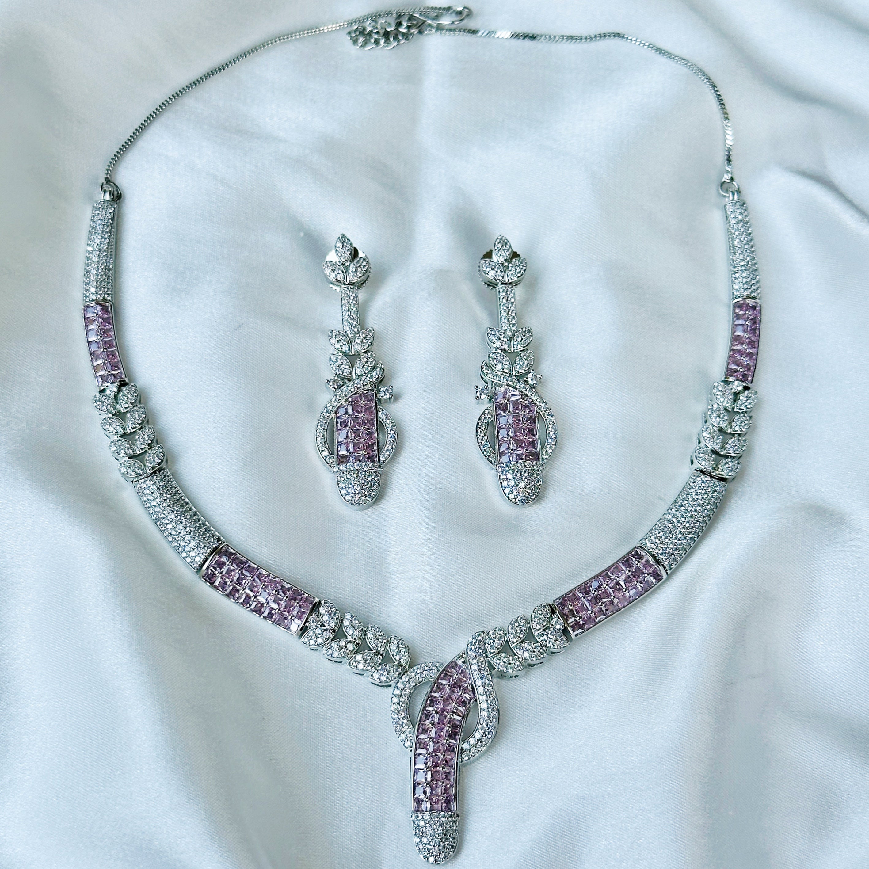 Ariva Collection Pink Topaz Cubic Zircon American Diamond Silver Plated Necklace Set