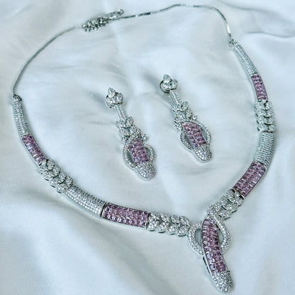 Ariva Collection Pink Topaz Cubic Zircon American Diamond Silver Plated Necklace Set