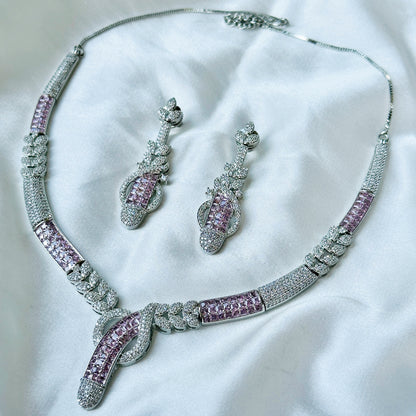 Ariva Collection Pink Topaz Cubic Zircon American Diamond Silver Plated Necklace Set