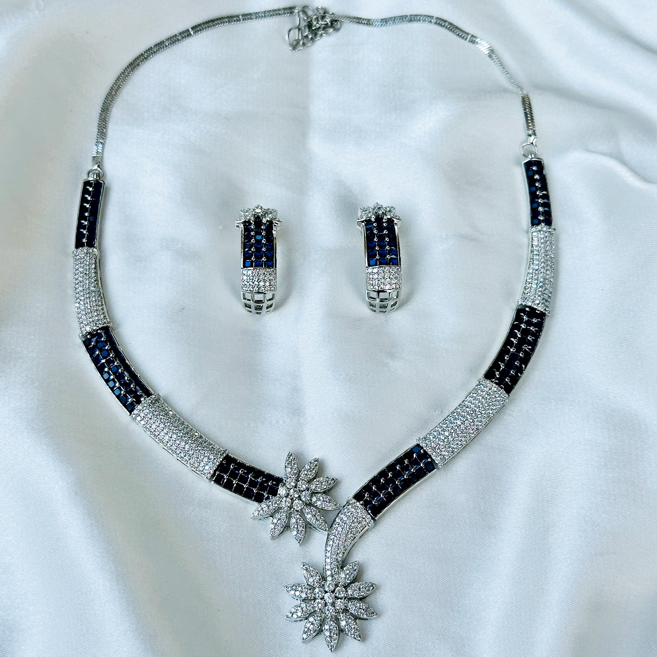 Ariva Collection Blue Sapphire Cubic Zircon American Diamond Silver Plated Necklace Set