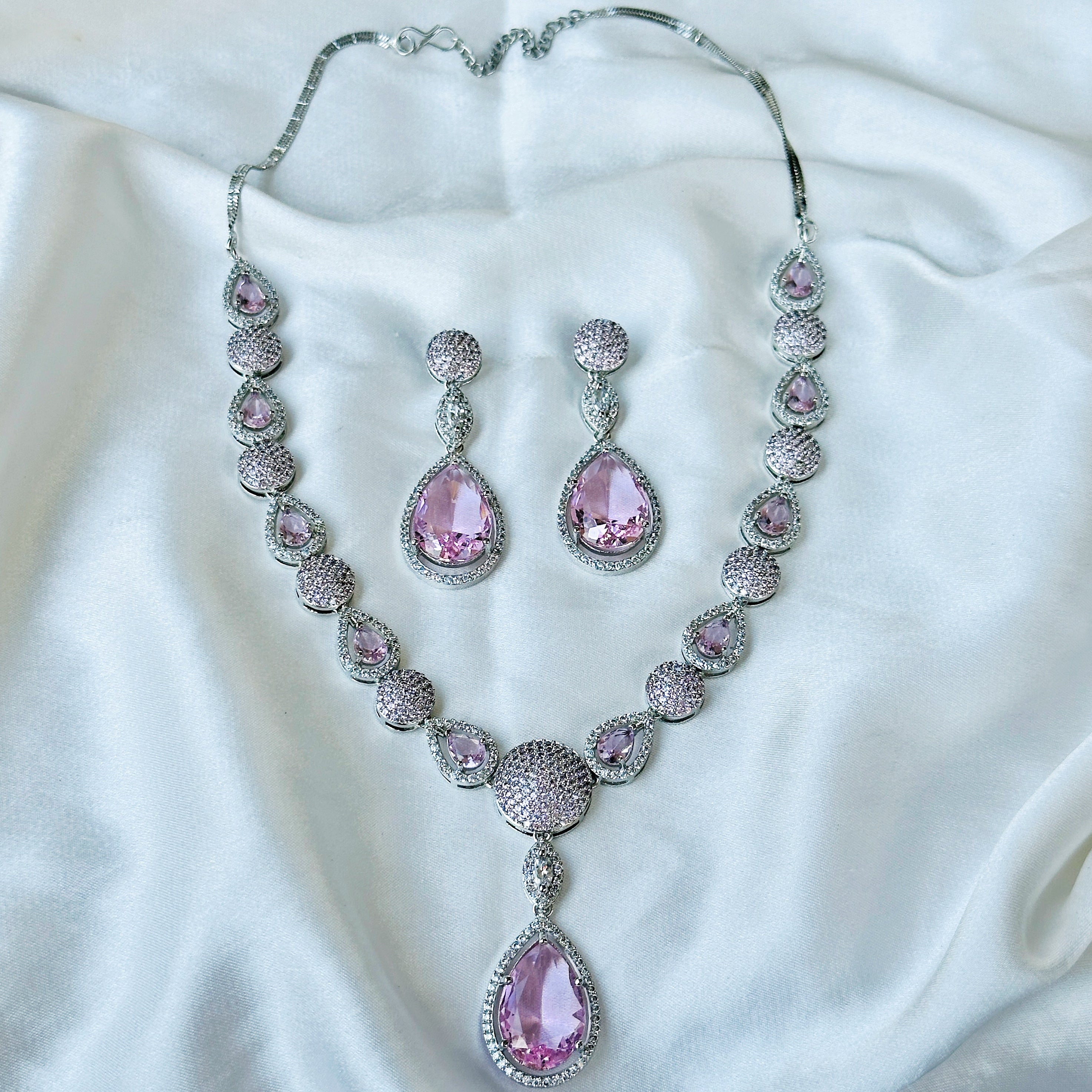 Ariva Collection Pink Topaz Cubic Zircon Stone American Diamond Silver Plated Necklace Set