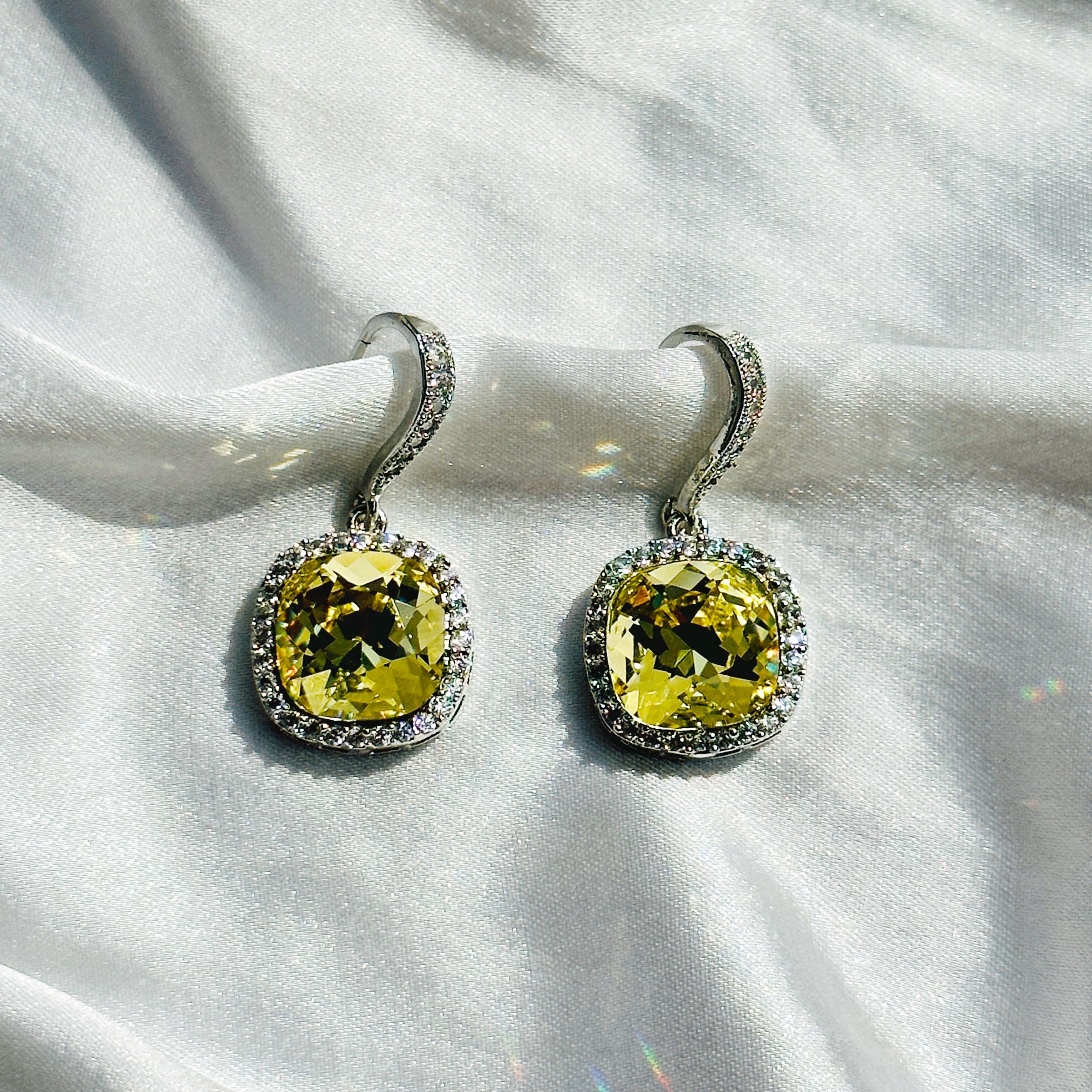 Ariva Collection Yellow Lime Swarovski Crystal American Diamond Silver Plated Earrings