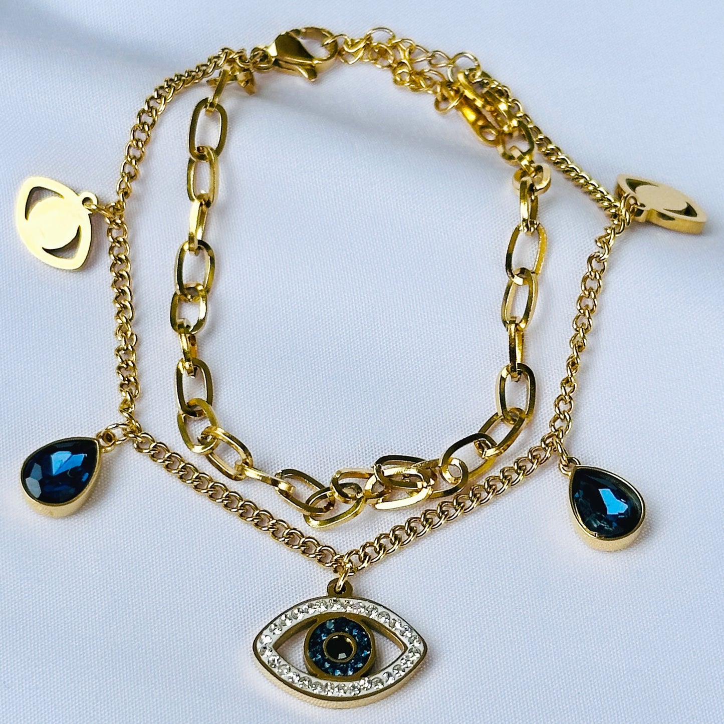 Ariva Collection Evil Eye Indigo Blue Crystal Studded Gold Plated Stainless Steel Anti Tarnish Adjustable Chain Bracelet